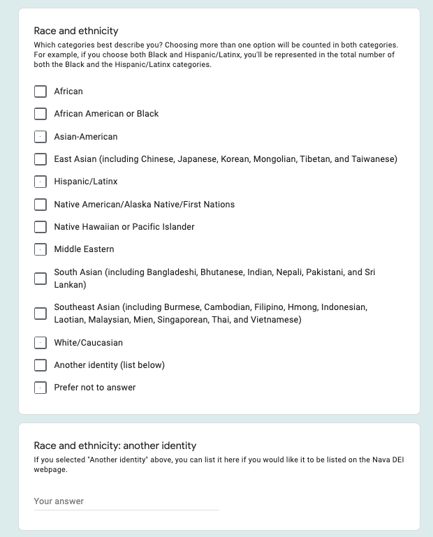 A screenshot of some of the questions included on the survey, like: "Race and ethnicity: Which categories best describe you?"