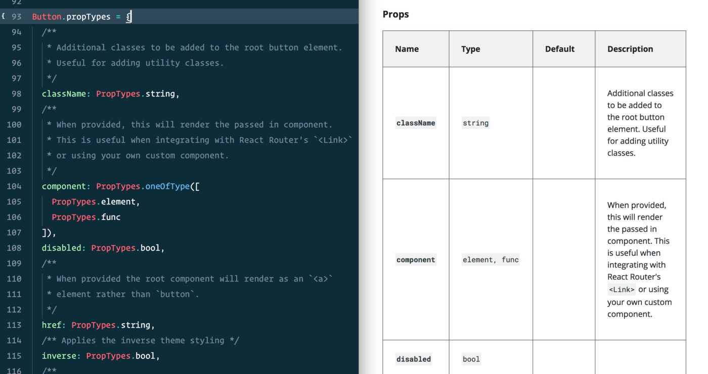 A screenshot example of an HTML page showing propTypes defintions and how these are replicated in the the component's documentation.