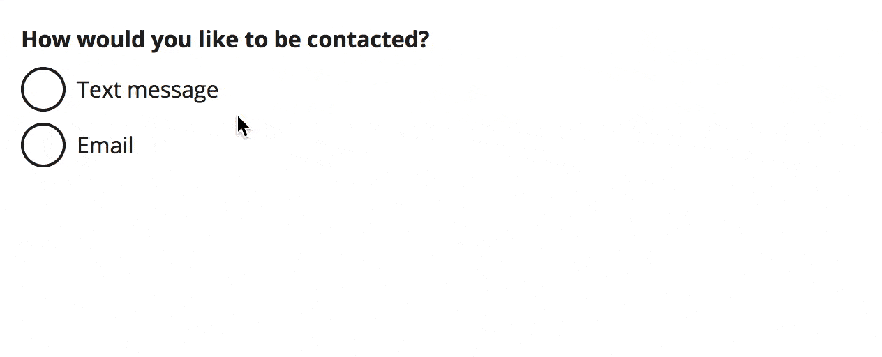 A gif showing the form question "How would you like to be contacted?" When the user clicks on the Text message option, a form opens up for the user to enter their phone number.