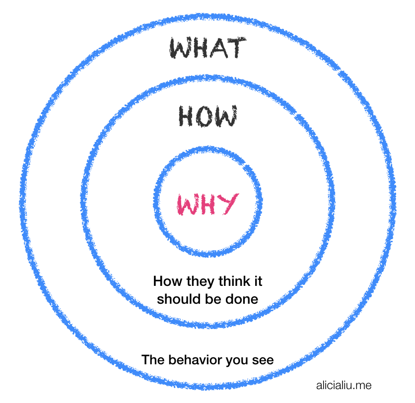 A chart of concentric circles. The outermost ring says: WHAT: The behavior you see in the outermost ring. The middle ring says: HOW: How they think it should be done in the next. The center circle says: WHY.