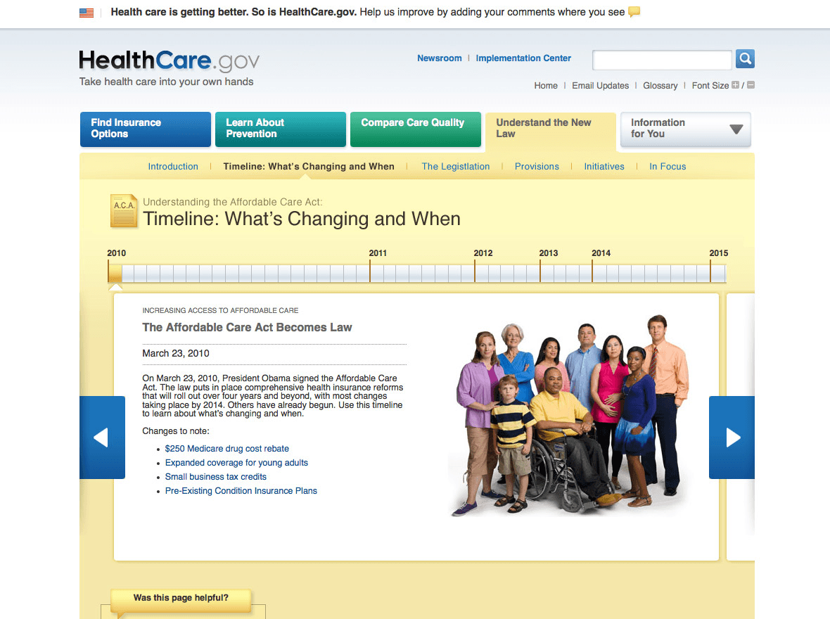HealthCare.gov webpage with a timeline about when people can expect changes to the service.