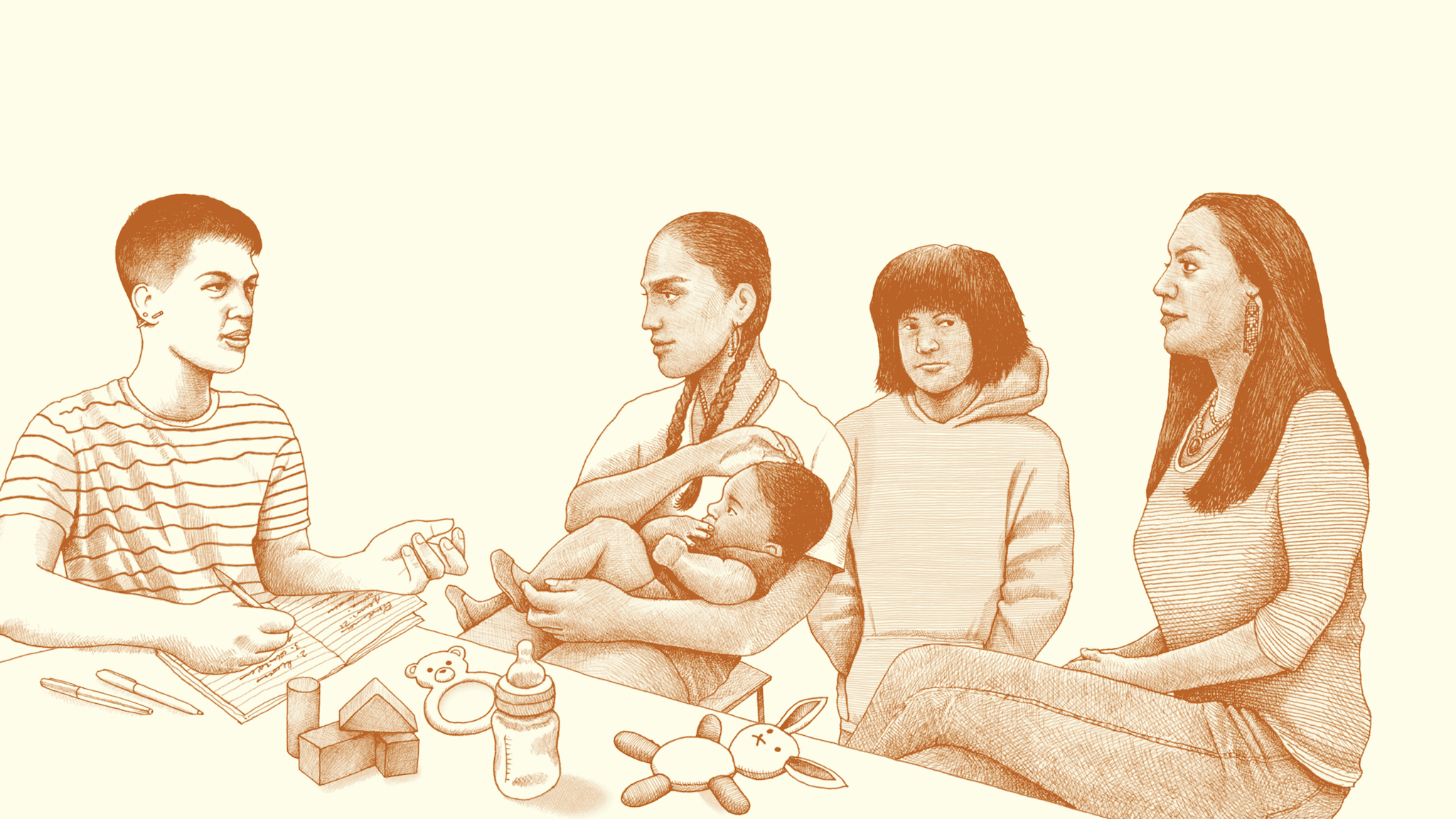 An illustration of an Asian, genderqueer person sitting at a table with an open notebook. They are joined by two Indigenous American women, one of whom is holding a baby.