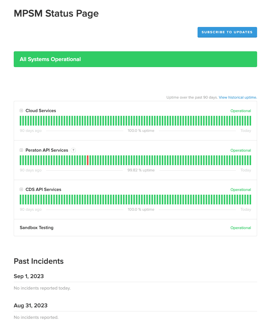 A screenshot of the live health status page where people can see if there are any issues with our services in real time. 