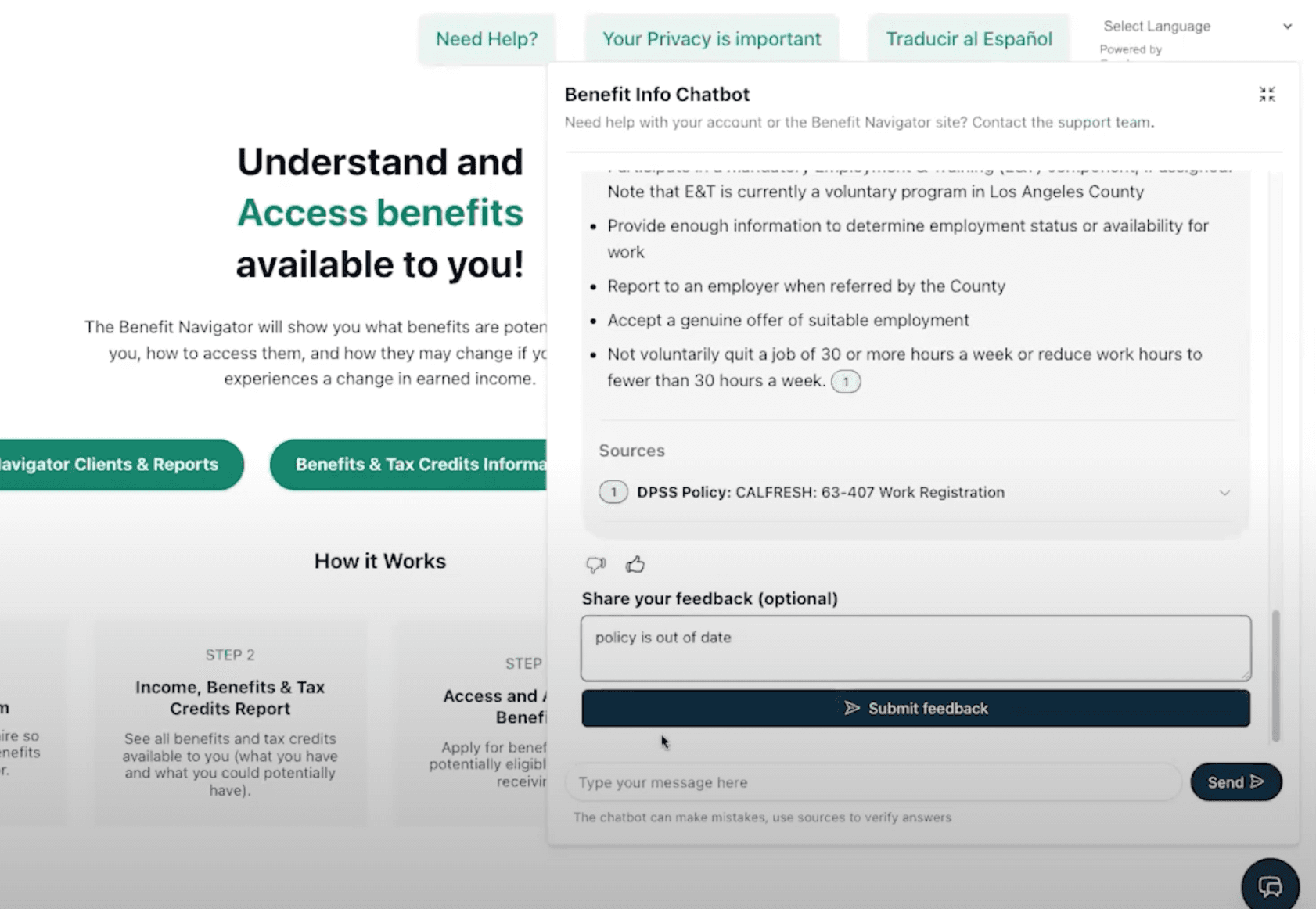 A screenshot of the chatbot with an embedded feedback form.