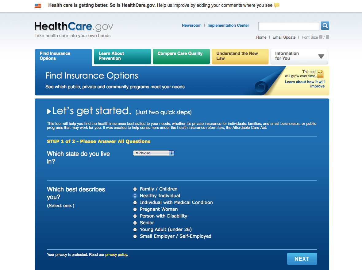 Image of HealthCare.gov webpage with insurance options