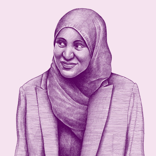 Nava brand line illustration of a woman wearing a hijab in purple ink. Illustrations show the diversity of humanity through a journalistic, intentionally imperfect, photo-realistic style.