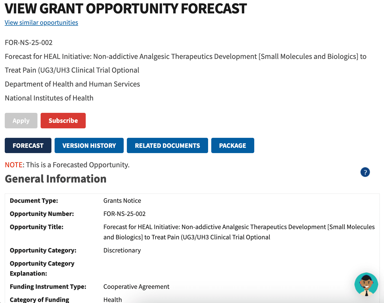 A screenshot of an opportunity listing on the legacy Grants.gov.