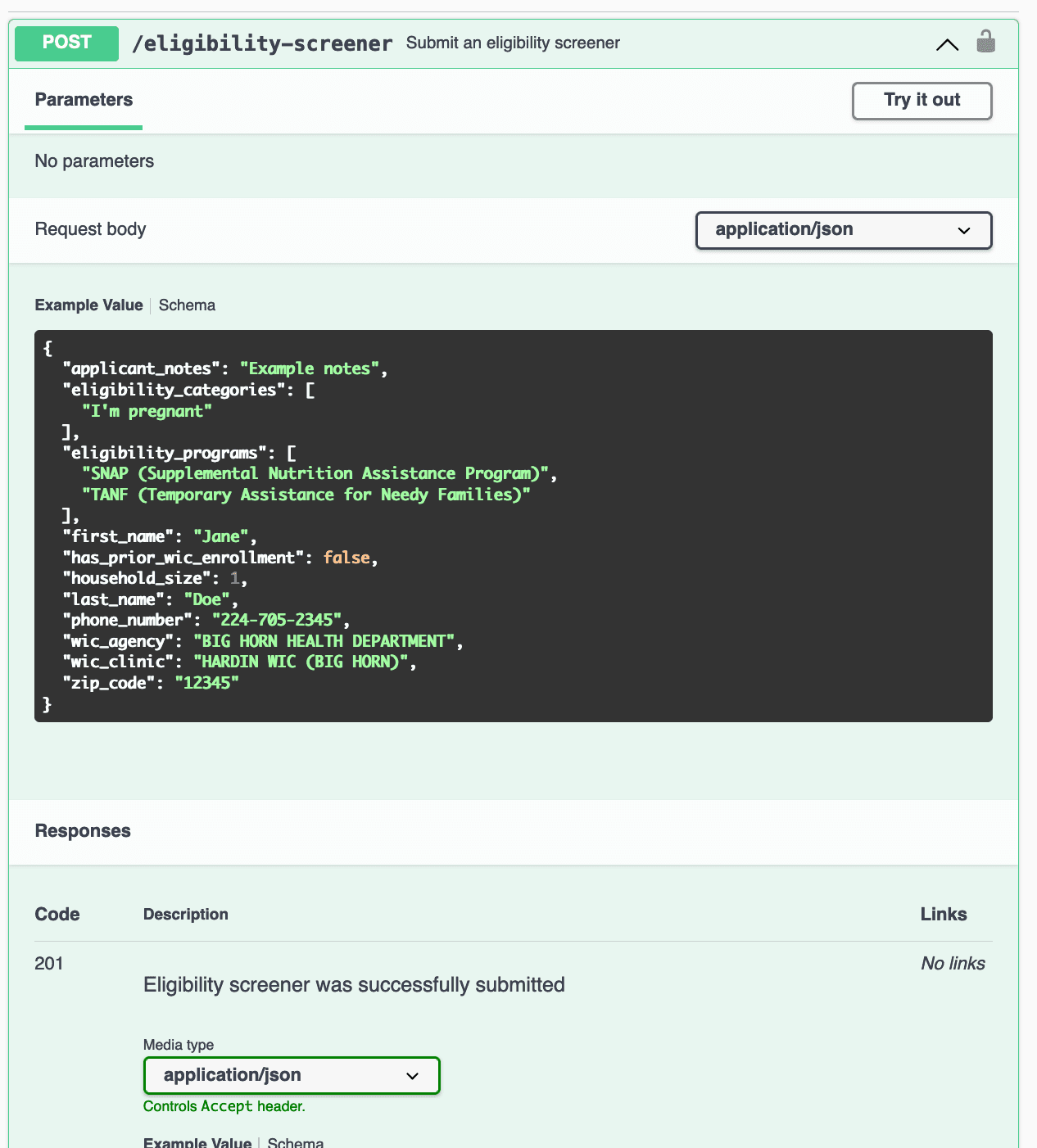 A screenshot of data transfer code demonstrating the fields that the API prototype expects to receive from the eligibility screener.