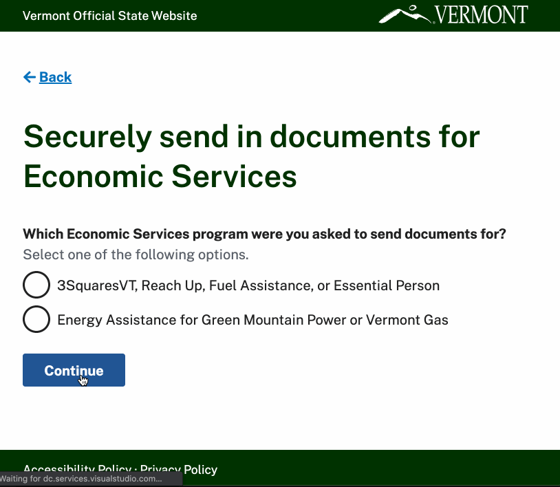 A gif showing the Vermont uploader tool, prompting the user to fill out personal information, like first name, last name, social security number, date of birth, and email address.