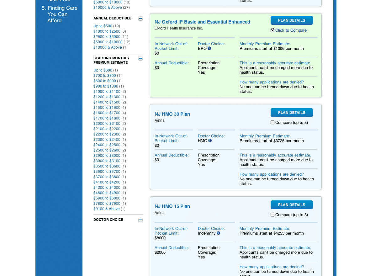 HealthCare.gov webpage with insurance plan options.