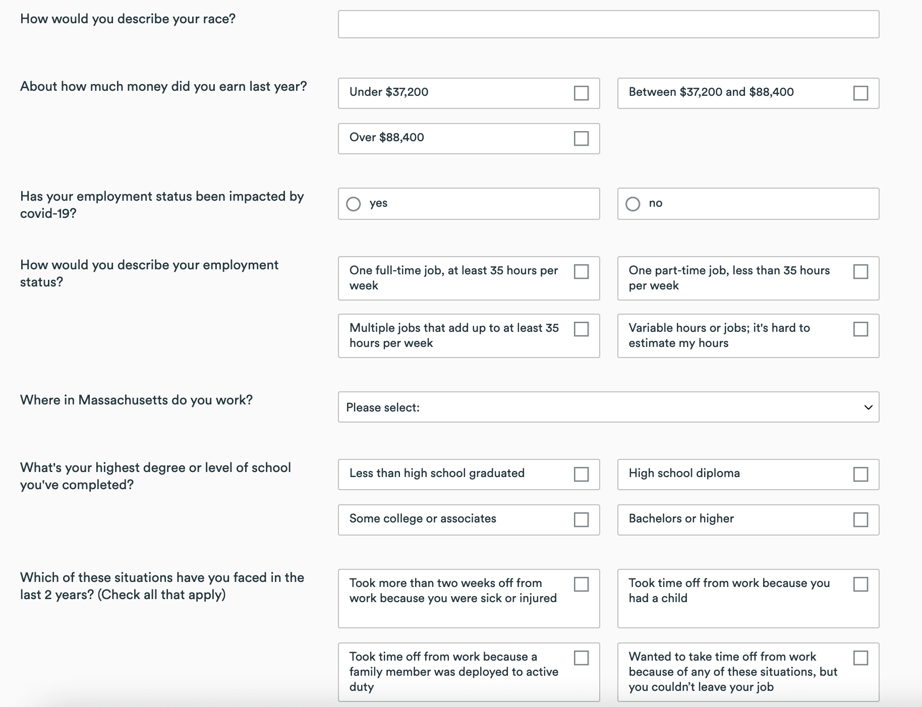 A screenshot of a screener that Nava used for recruiting participants for our work with Massachusetts’ Paid Family and Medical Leave (PFML) program.