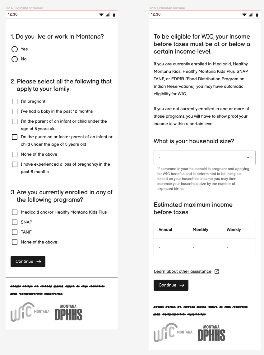 A screenshot of the web app concept, demonstrating the initial eligibility questions we outlined.