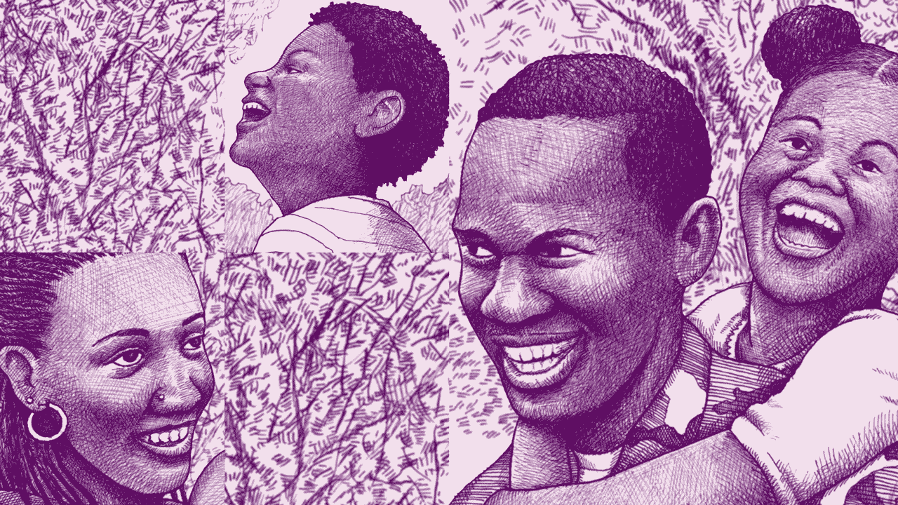 An illustration of a Black father, mother, and their children.