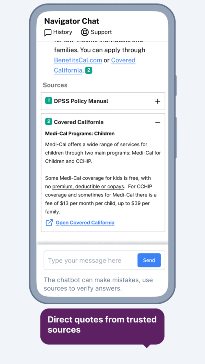 A screenshot of a conversation between a caseworker and the chatbot demonstrating how the chatbot uses direct quote citations.