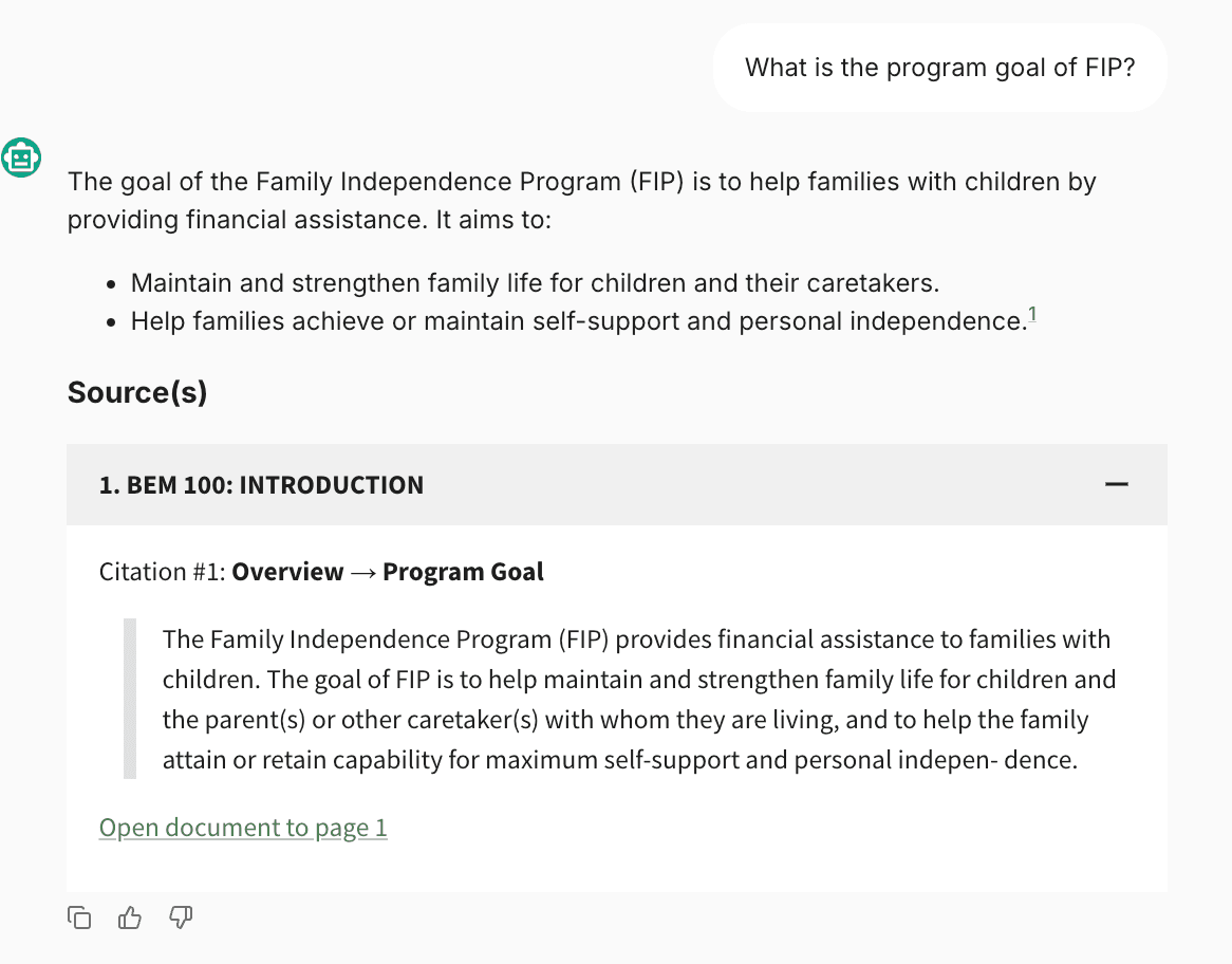 A screenshot of the chatbot's citation