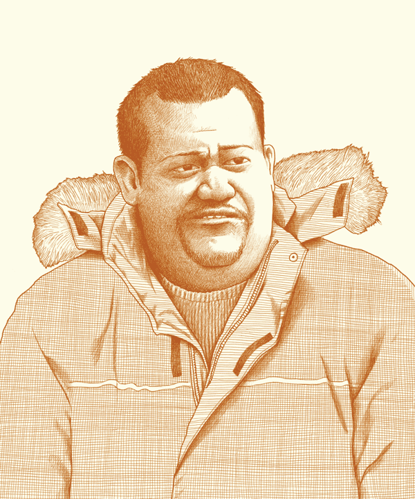 Nava brand line illustration of a Black man wearing a fur jacket in orange ink. Illustrations show the diversity of humanity through a journalistic, intentionally imperfect, photo-realistic style.