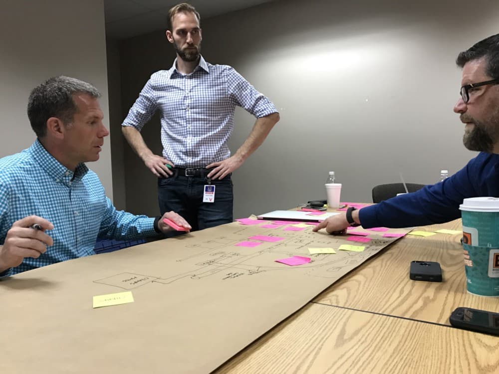 Three men, all white, work on wireframes together using sticky notes on a conference room table.