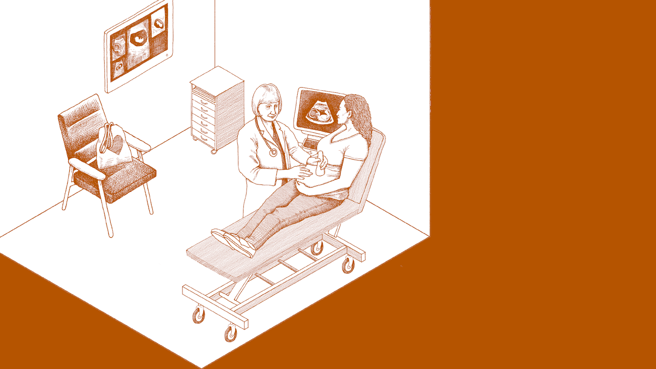 Illustration of a health care room where a pregnant Latinx woman receives an ultrasound from a doctor.