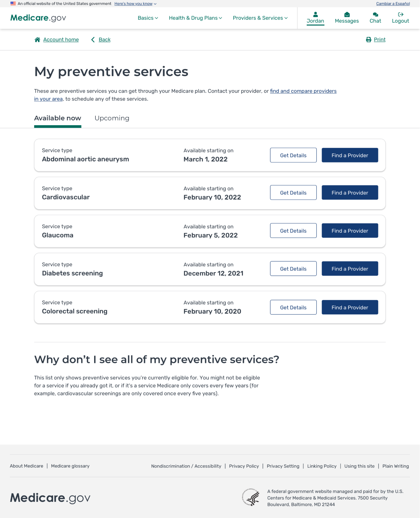 A screenshot of the My Preventive Services page with buttons mapping to specific preventive services.
