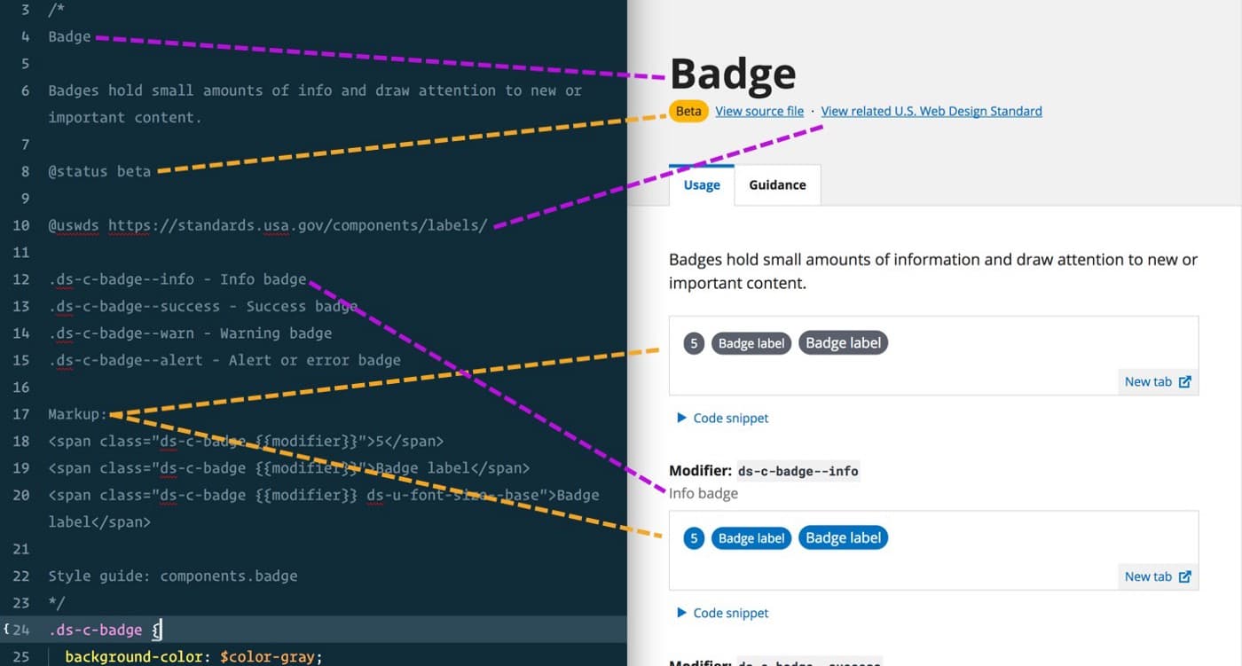 A screenshot example of a custom flag CSS comment block showing Badge labels.