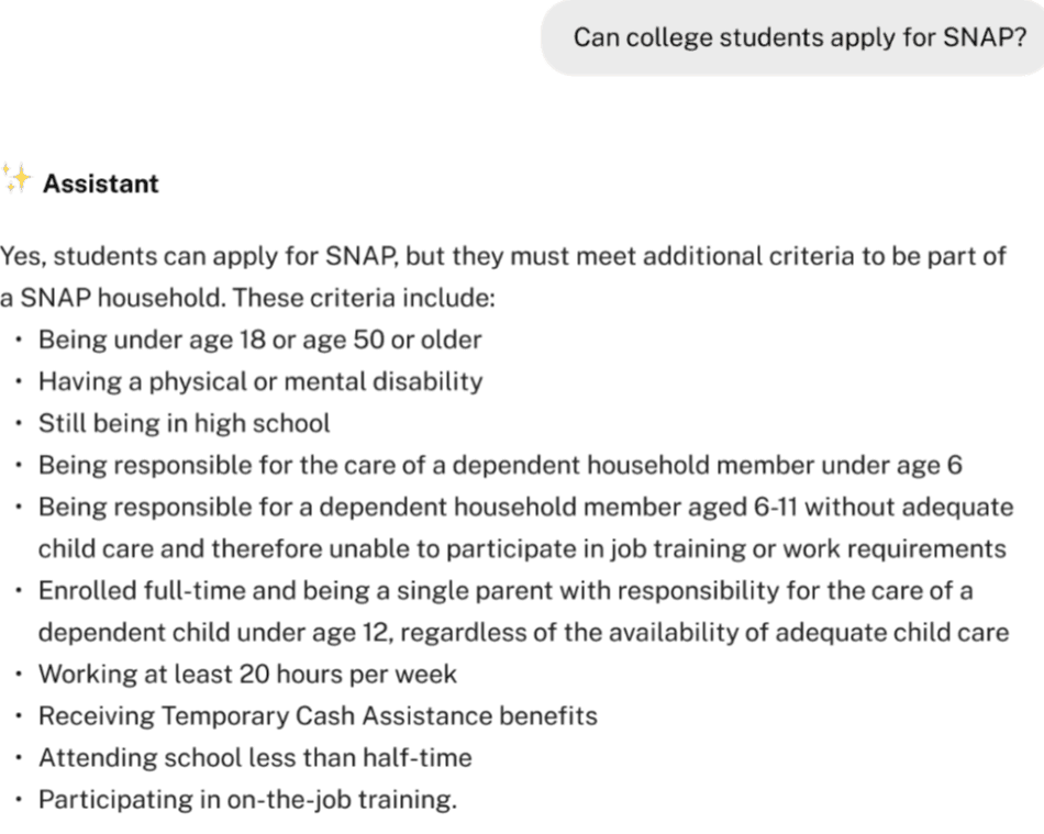 A screenshot of the chatbot's response