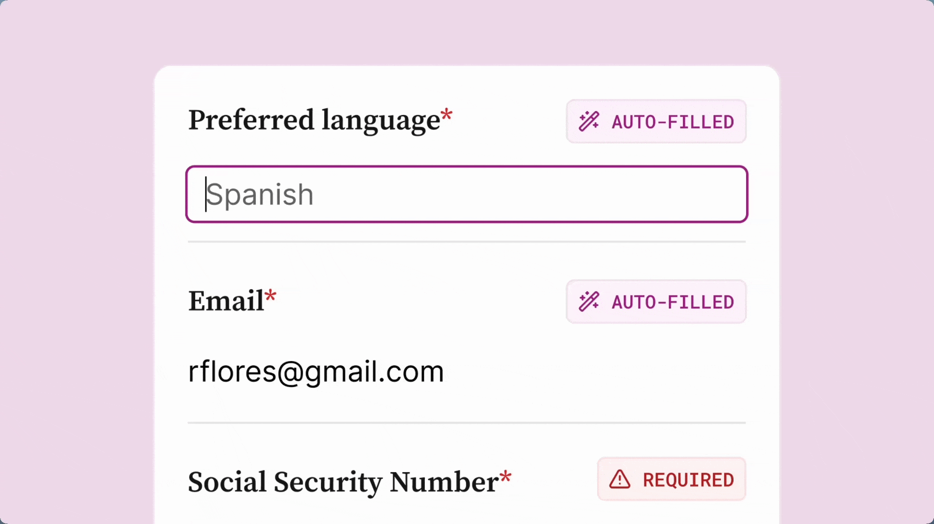 A screenshot of a caseworker clicking into a field labeled “Preferred language” auto-filled with Spanish.