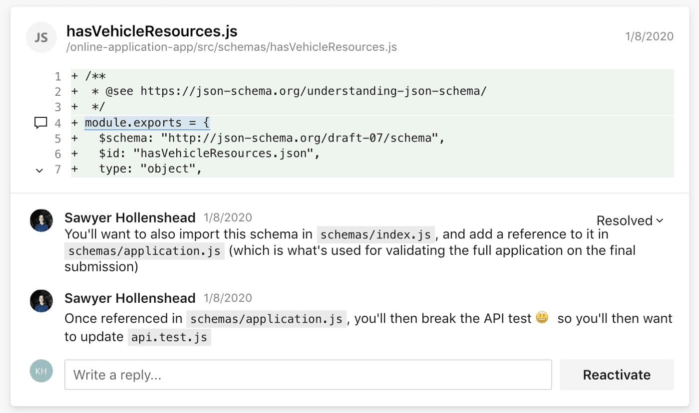 An screenshot of comments on a closed pull request of code.