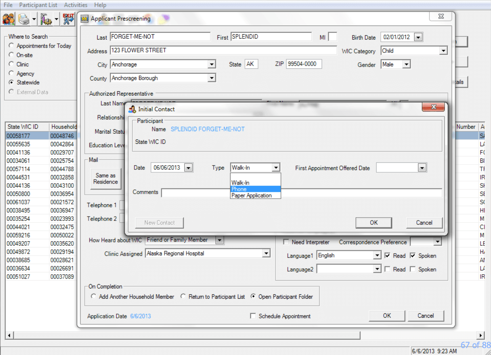 An example screen from SPIRIT Classic, the desktop version of M-SPIRIT. This page displays the initial contact functionality captured during "applicant pre-screening" - when a record is first created in SPIRIT.