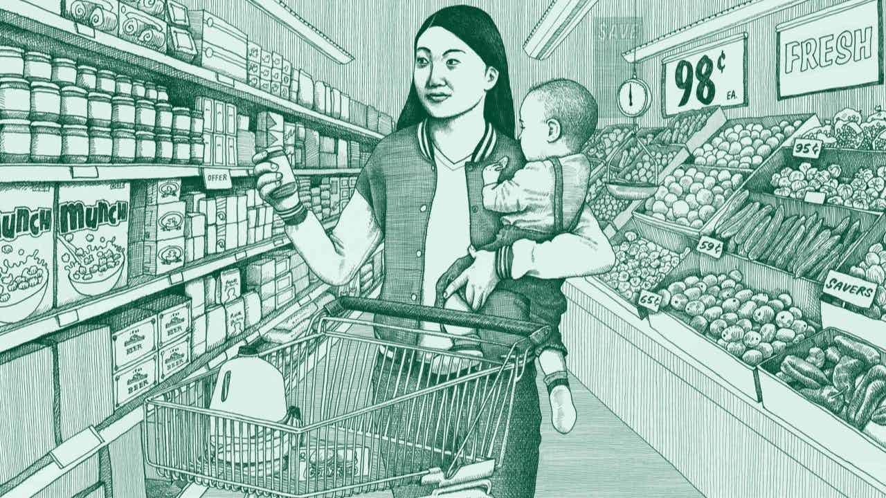 An illustration of a young Asian mother carrying a baby as shops in a grocery store.
