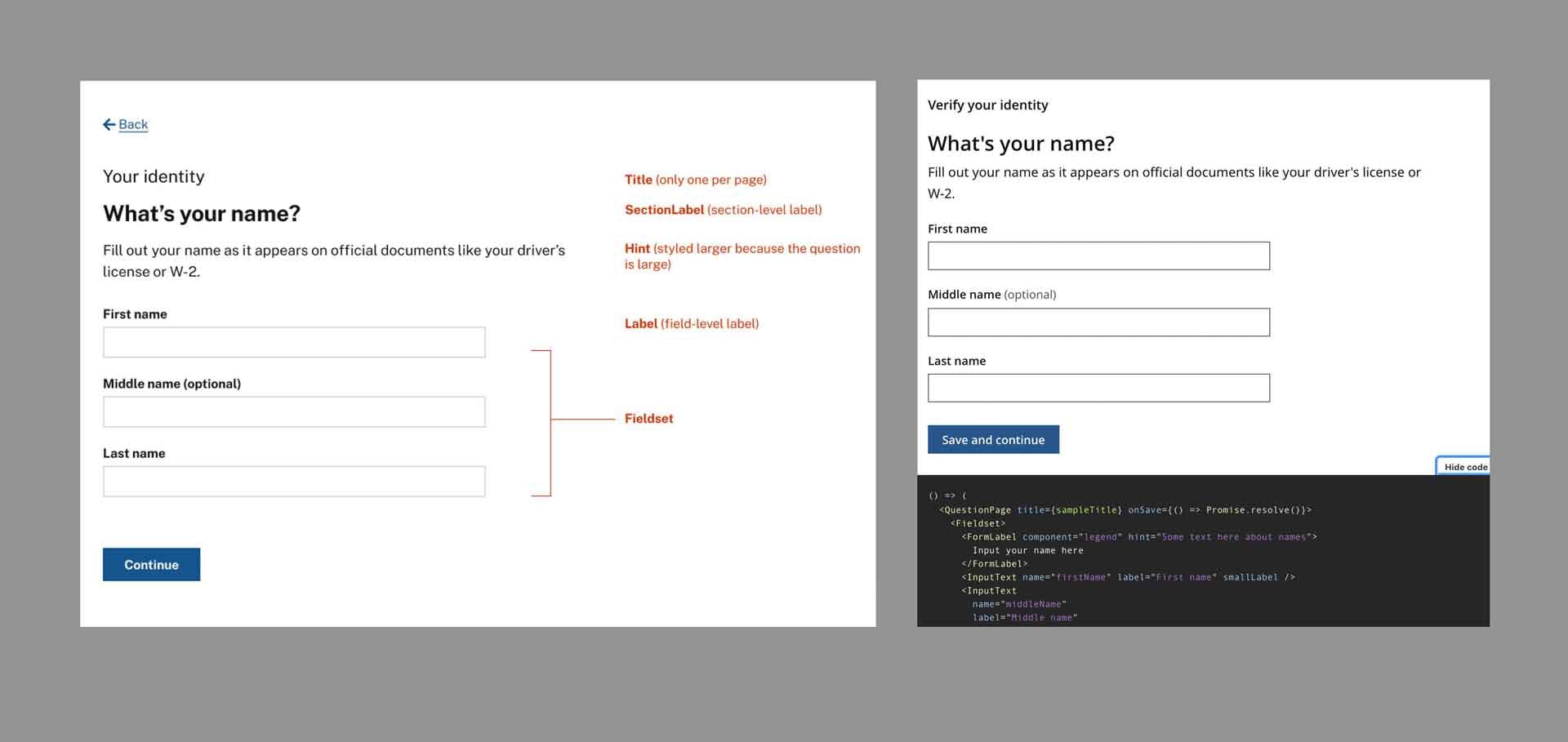 Two different versions of a form featuring the question, "What's your name?" in Figma and in Storybook.