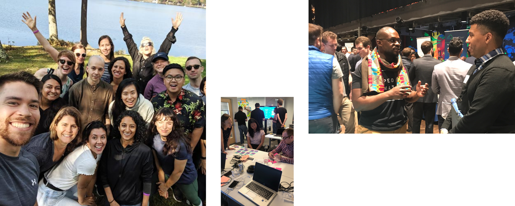A collage of photos shows diverse Nava employees gathering at an outdoor picnic, working around a conference table, and attending a conference.