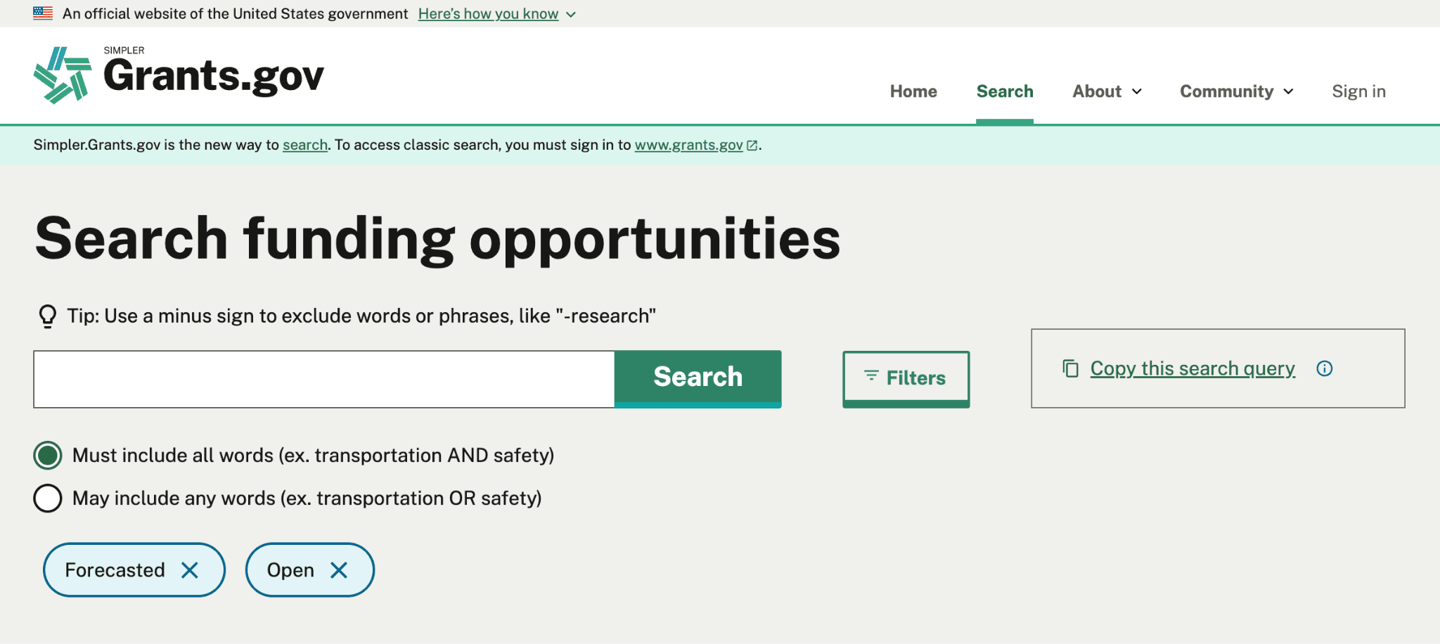 A screenshot of the Simpler Search function on Grants.gov