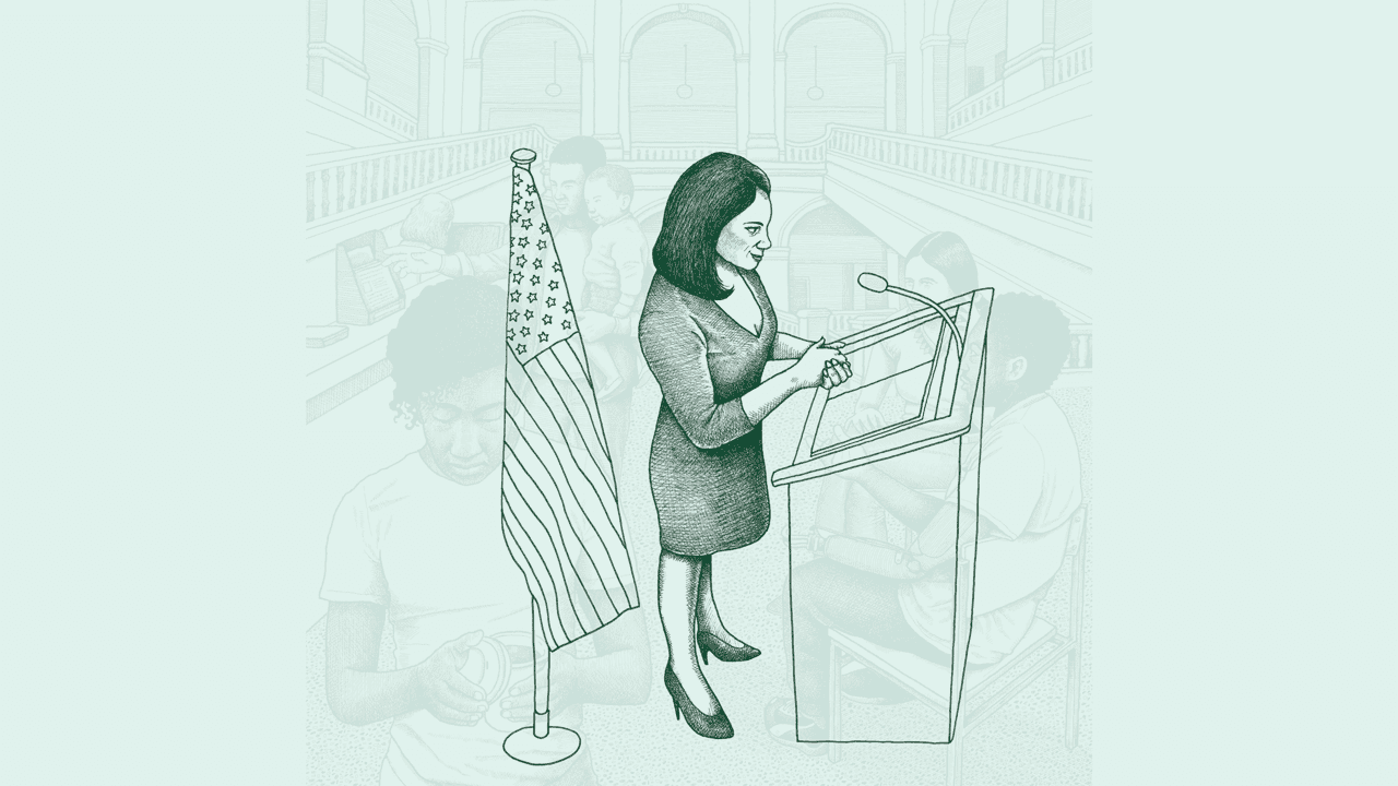 Illustration of a middle-aged Latinx woman standing at a podium. There is a U.S. flag behind her.