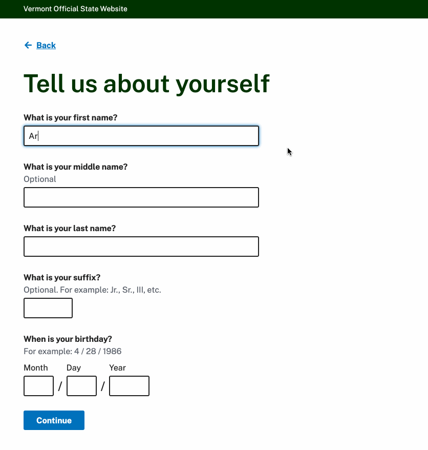 This image shows two parts of a clear and simple form. The headlines say “Tell us about yourself” and “Tell us about your spouse.” The questions ask things like, “What’s your first name? What’s your last name?”
