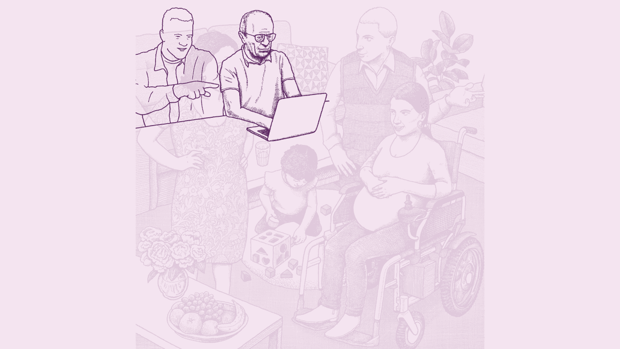 Illustration of an old, Latinx man wearing glasses typing on a computer while a young man stands behind him and points at the computer.