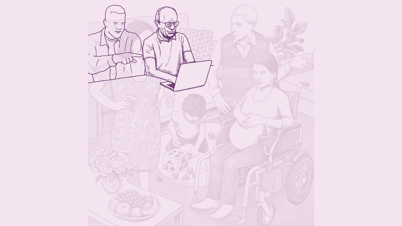 Illustration of an old, Latinx man wearing glasses typing on a computer while a young man stands behind him and points at the computer.