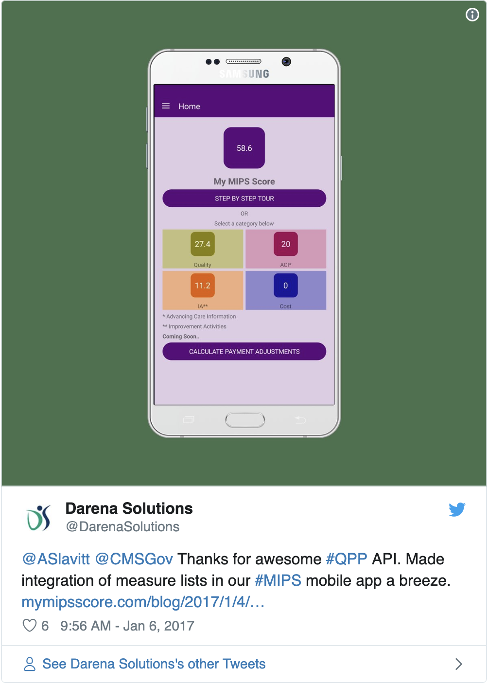 A screenshot of a Tweet from Darena Solutions: "Thanks for awesome #QPP API. Made integration of measure lists in our #MIPS mobile app a breeze."